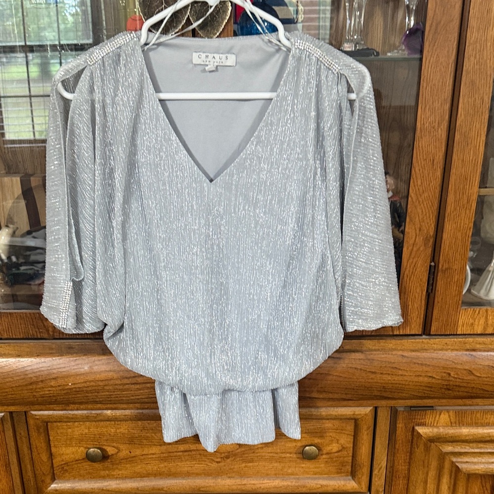 Silver Metallic V-Neck Blouse